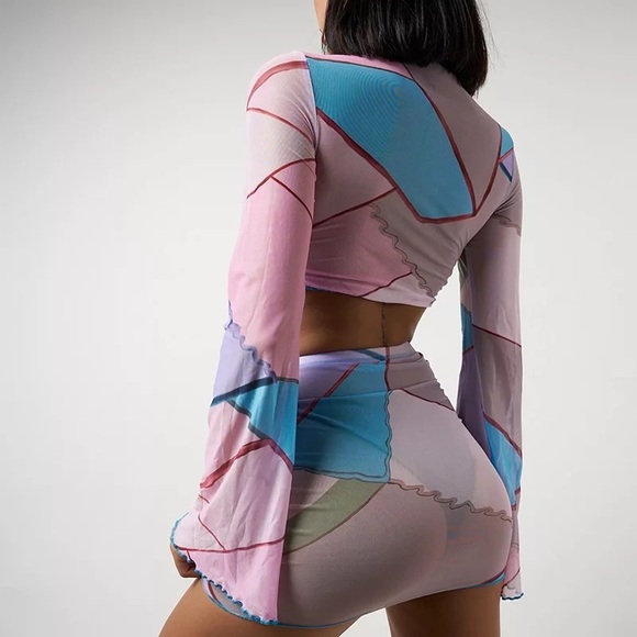 Pink Sands Asymmetrical Pipping Bodycon Skirt Set Beach Bikini Coverup Mini Set - Picture 5 of 14